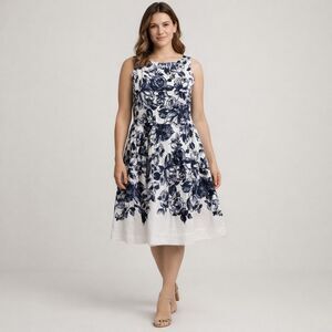 Talbots White and Navy Floral Midi Dress
